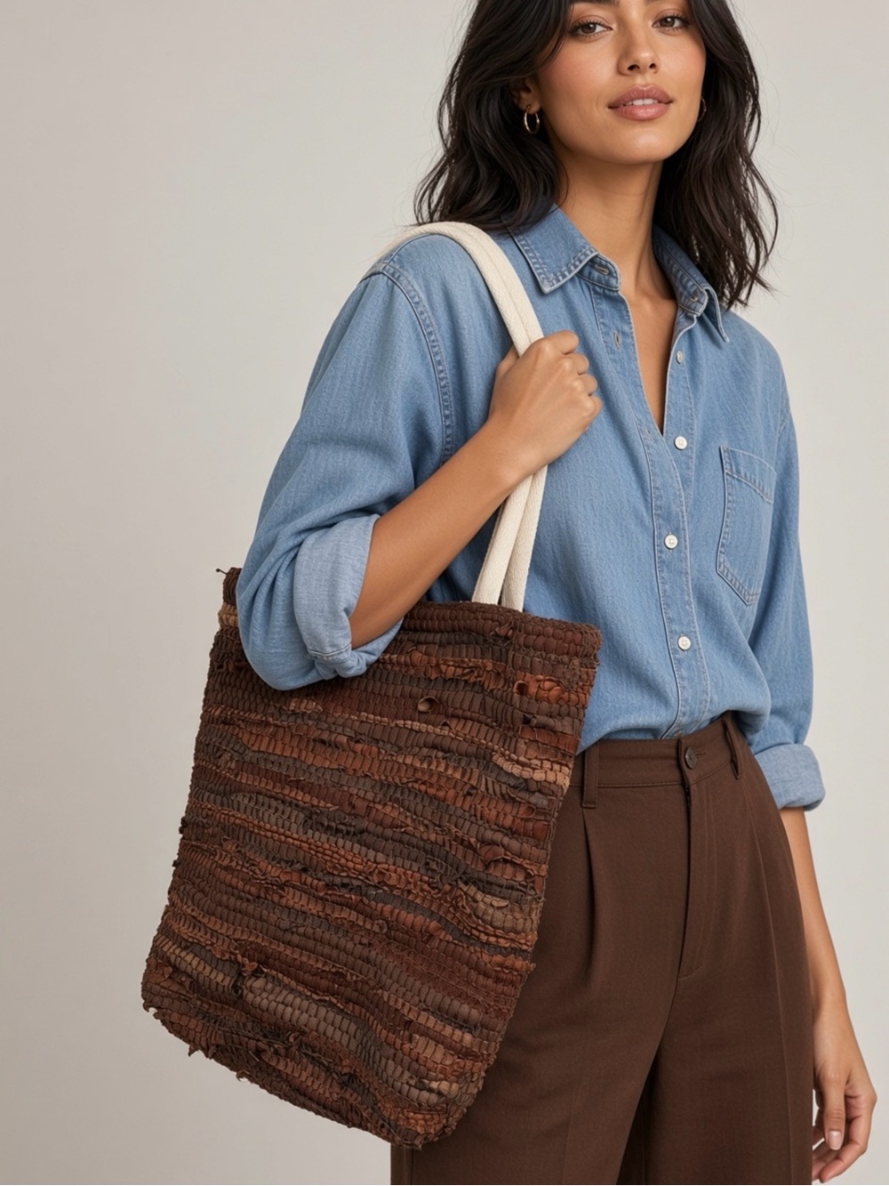 Studio Marbella Chindie Woven Brown Tote Bag with Cream Handles